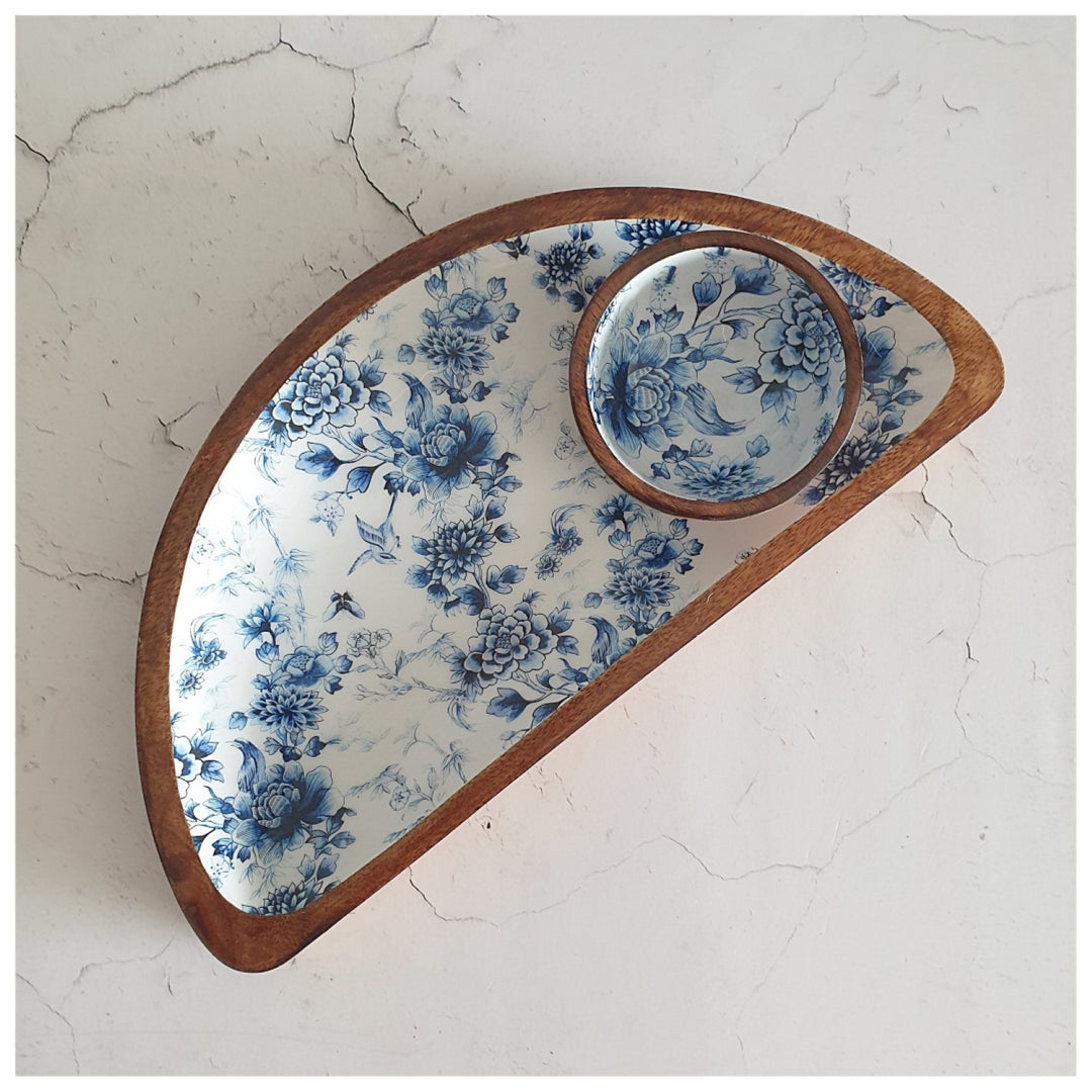 Blue Forest Half Moon Platter With Matching Dip Bowl | Mango Wood | 14 X 7 Inches