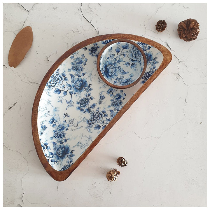 Blue Forest Half Moon Platter With Matching Dip Bowl | Mango Wood | 14 X 7 Inches