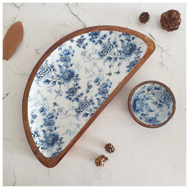 Blue Forest Half Moon Platter With Matching Dip Bowl | Mango Wood | 14 X 7 Inches