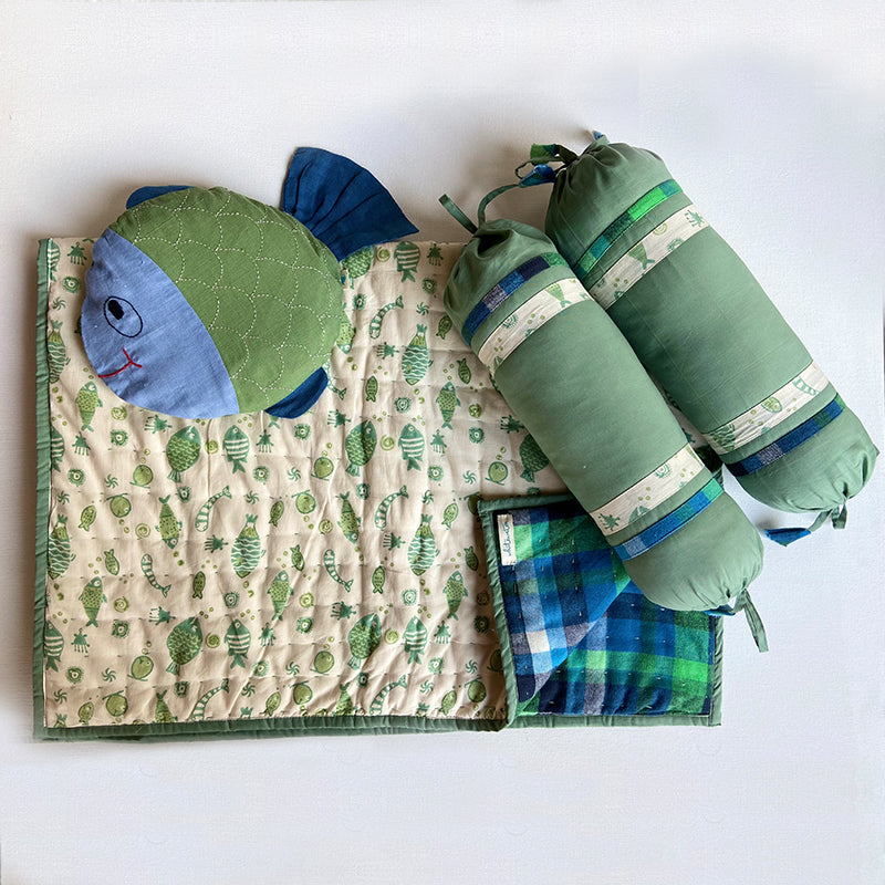 Fish Print Newborn Bedding Set In Green | Sustainable | Organic Cotton | Pack Of 4