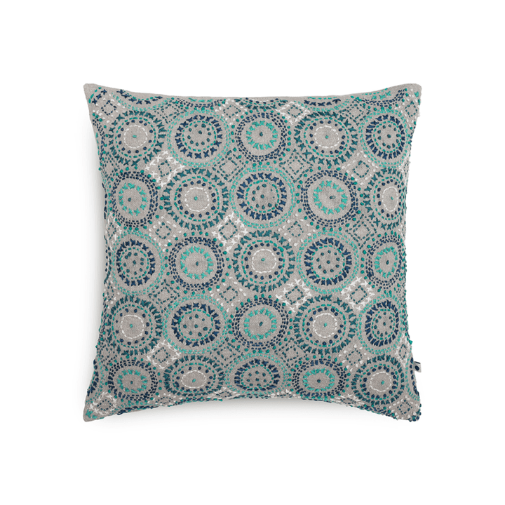 Wreath Linen Cushion Cover In Kantha Embroidery | Hand-Crafted | 16" x 16"