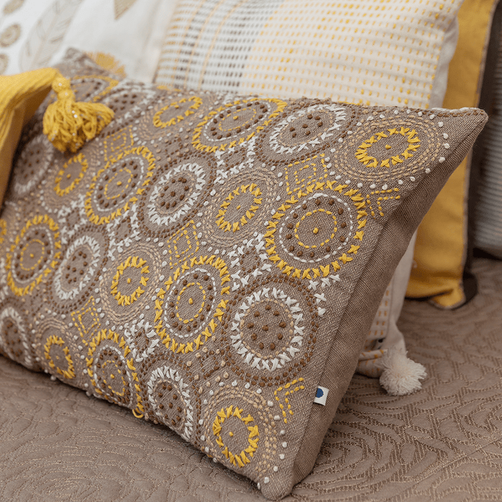 Wreath Linen Cushion Cover In Kantha Embroidery | Hand-Crafted | 16" x 16"