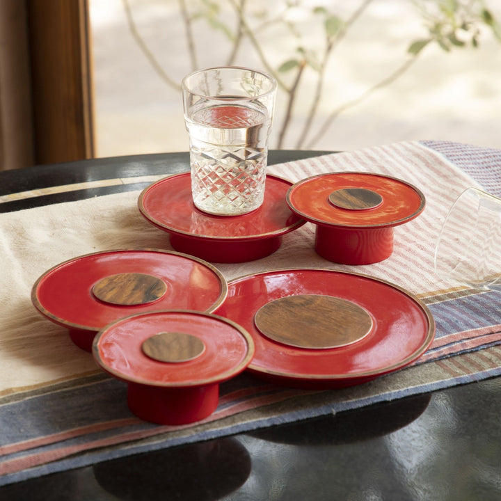 Chah Lo Coasters | Acacia Wood | Red Lacquer Finish | Hand-Crafted | Set Of 3