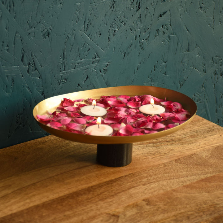 Oblong Brass Decorative Bowl With Hand-Turned Black Marble Stand