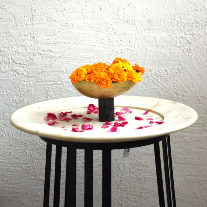 Oblong Brass Decorative Bowl With Hand-Turned Black Marble Stand