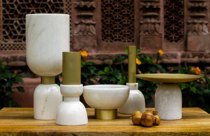 Brass Fruit Bowl With Domed Marble Stand | Hand-Crafted | White & Golden