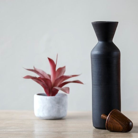 Black Terracotta Maahi Kool Water Bottle With Wooden Lid | Earthen Clay