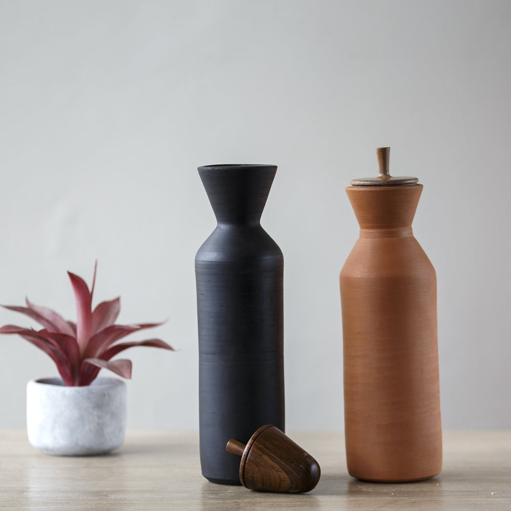 Black Terracotta Maahi Kool Water Bottle With Wooden Lid | Earthen Clay