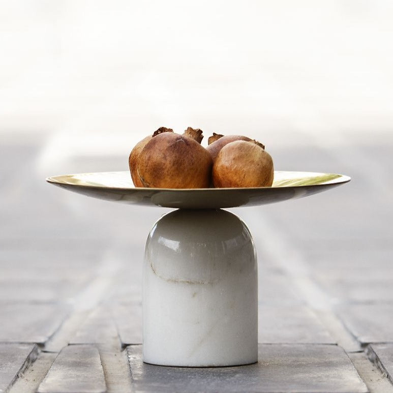 Brass Fruit Bowl With Domed Marble Stand, White & Golden, Table Top Decor