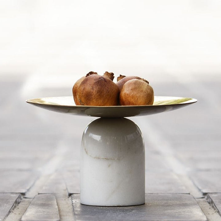 Brass Fruit Bowl With Domed Marble Stand | Hand-Crafted | White & Golden