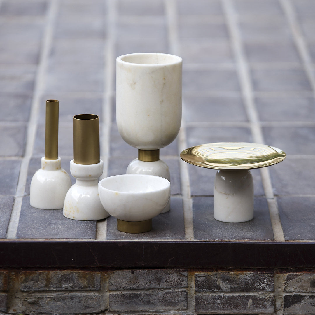 Brass Fruit Bowl With Domed Marble Stand | Hand-Crafted | White & Golden