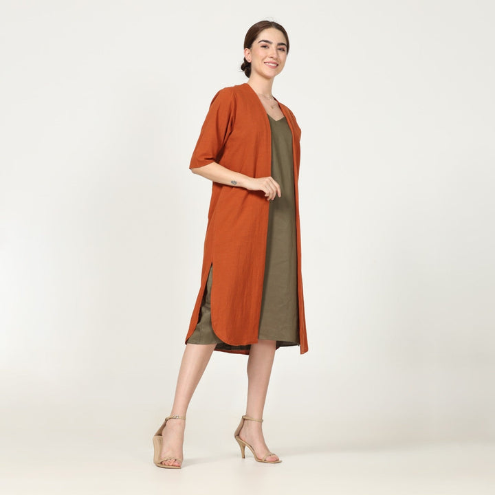 Rust Overlay With Olive Green Dress | Casual Lunch Dress | Set Of 2
