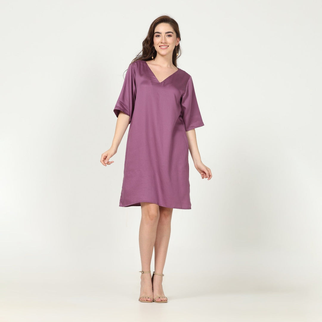 Royal Purple V Dress | Cotton, Tencel & Hemp Fabric | Coffee Date Outfit