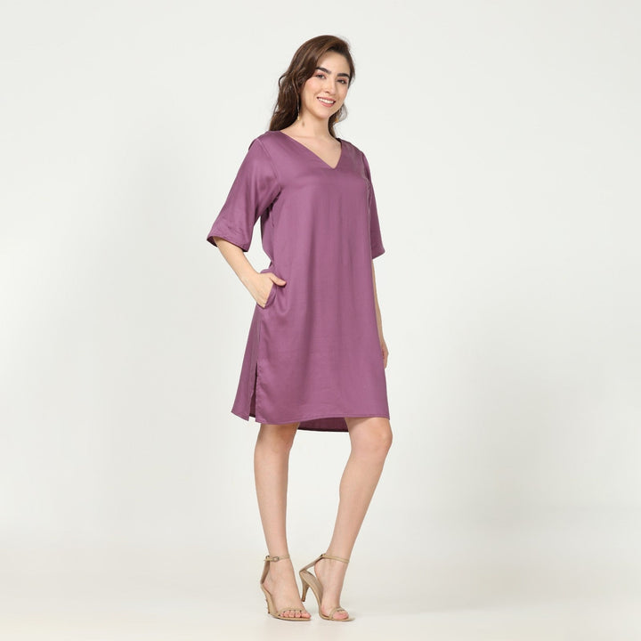 Royal Purple V Dress | Cotton, Tencel & Hemp Fabric | Coffee Date Outfit
