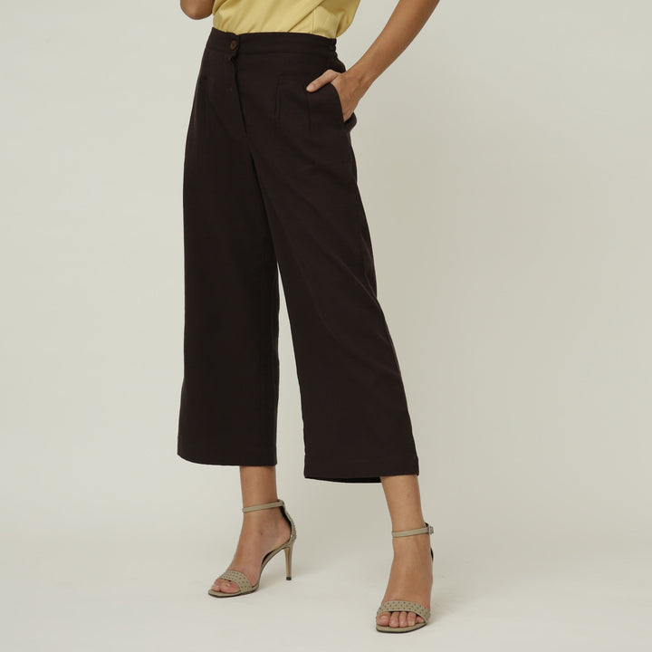 Navy Blue Cap Sleeve Top With Coffee Brown Pant | Linen Modal & Tencel