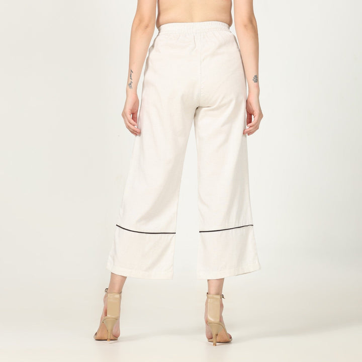 Front Pleated Barrel Leg Off-White Pants With Dark Brown Edging | Eco-Friendly