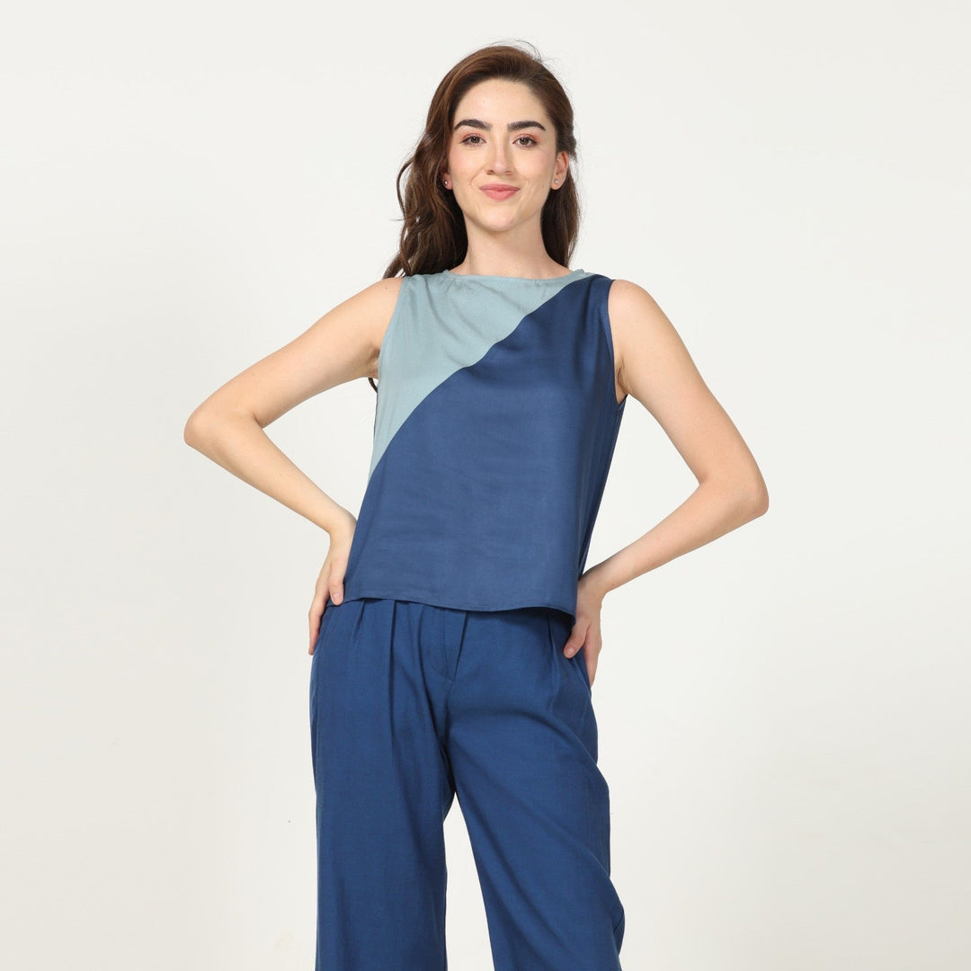 Navy Blue Color-blocked Top With Straight Fit Pant | Modern Casual