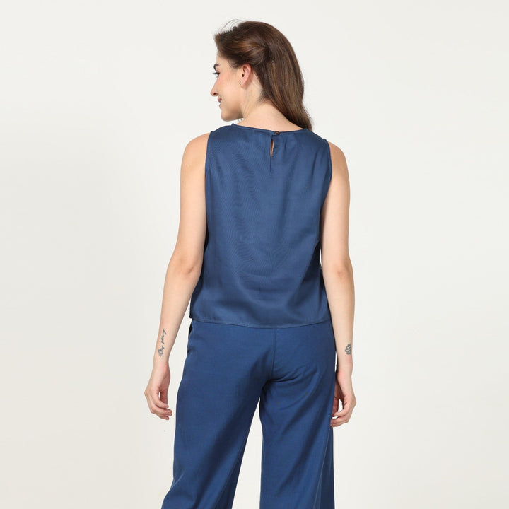 Navy Blue Color-blocked Top With Straight Fit Pant | Modern Casual