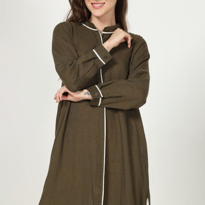Olive Green Dress & Overlay | Linen Modal | Hand-Crafted | Set Of 2