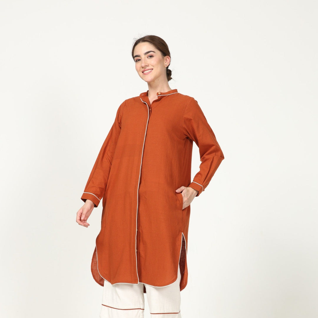 Rust Long Shirt With Contrast Edging | Cotton | Relaxed Silhouette