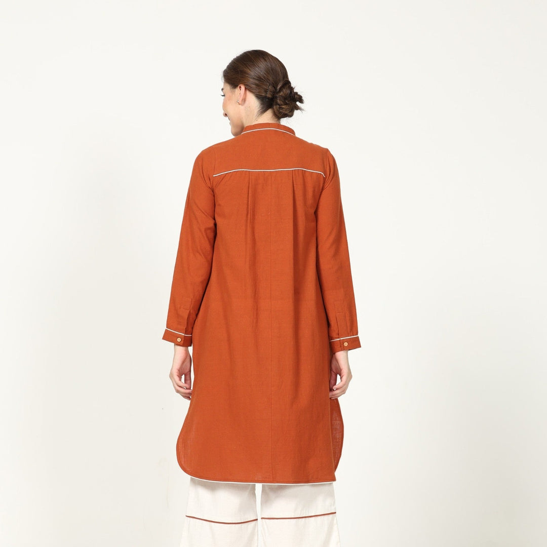 Rust Long Shirt With Contrast Edging | Cotton | Relaxed Silhouette