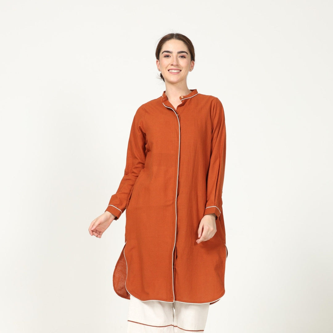 Rust Long Shirt With Contrast Edging | Cotton | Relaxed Silhouette