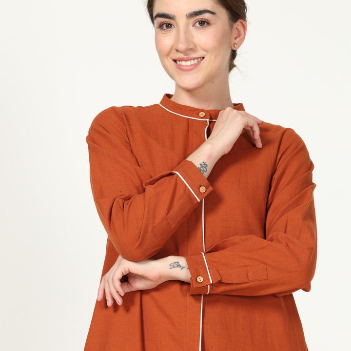 Rust Long Shirt With Contrast Edging | Cotton | Relaxed Silhouette