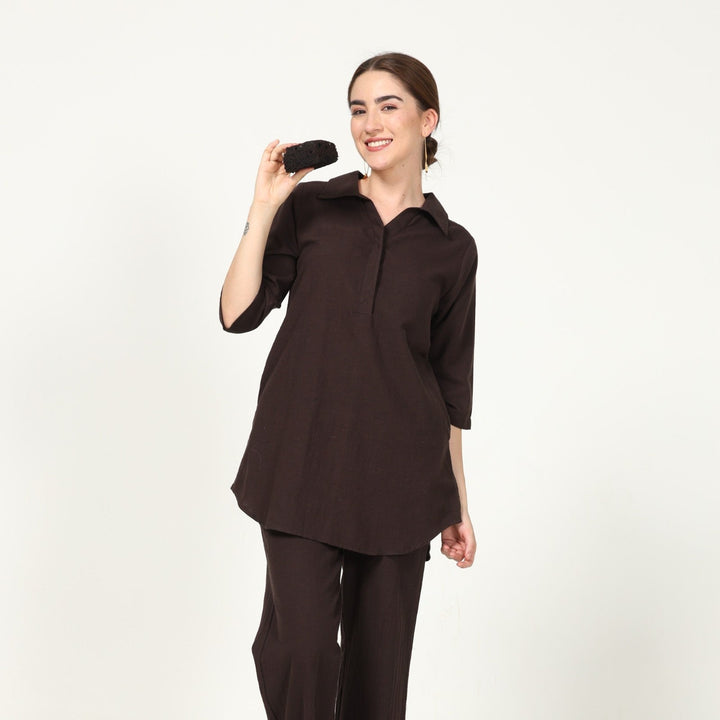 Coffee Brown Collar Tunic With Curved Hemline | Cotton | Effortless Style