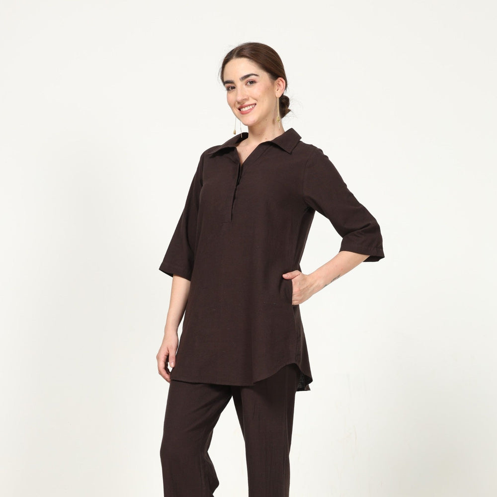 Collar Tunic With Curved Hemline | Organic Cotton | Eco-Friendly | Coffee Brown