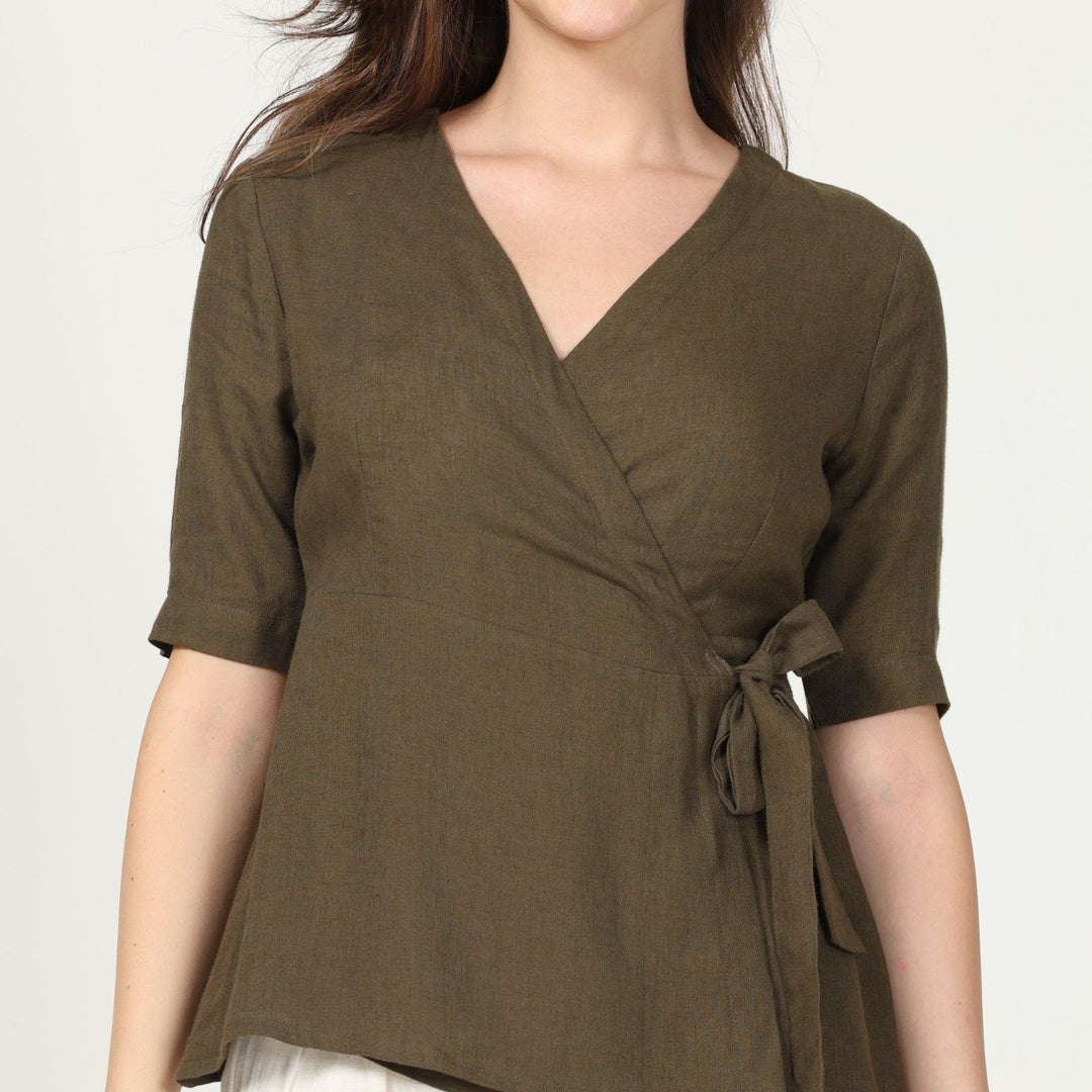 Solid Olive Green Women's Wrap Top | Linen | Chic Comfort