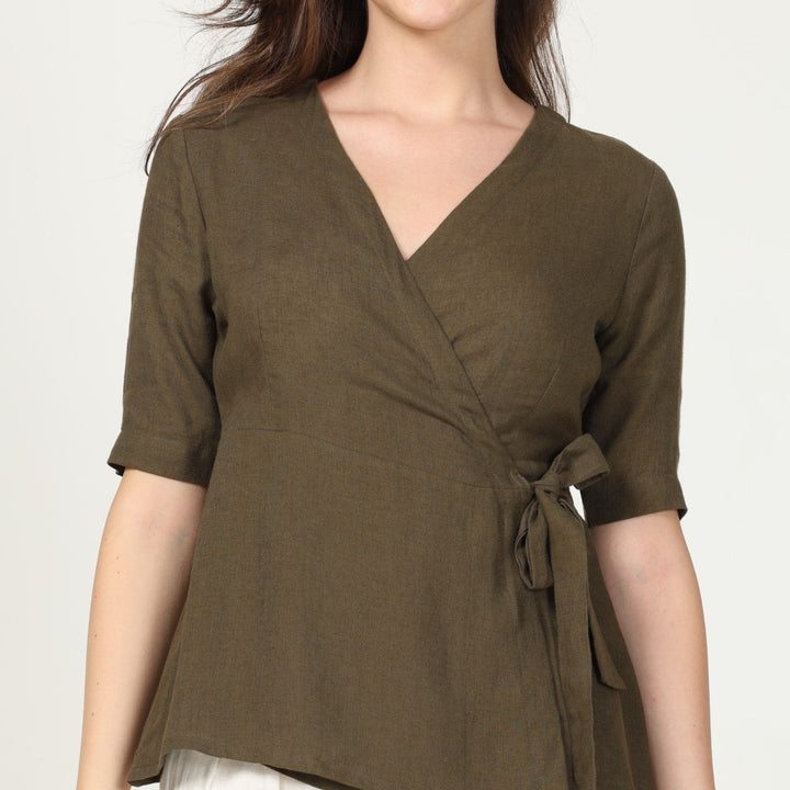 Solid Olive Green Women's Wrap Top | Linen | Chic Comfort