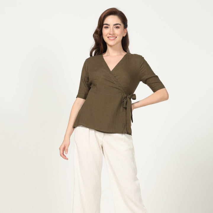 Solid Olive Green Women's Wrap Top | Linen | Chic Comfort
