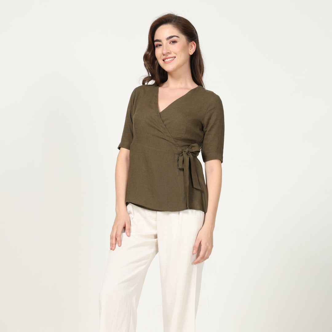 Solid Olive Green Women's Wrap Top | Linen | Chic Comfort