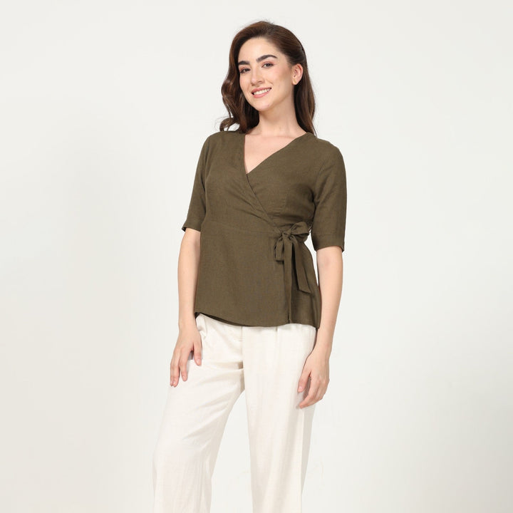 Solid Olive Green Women's Wrap Top | Linen | Chic Comfort