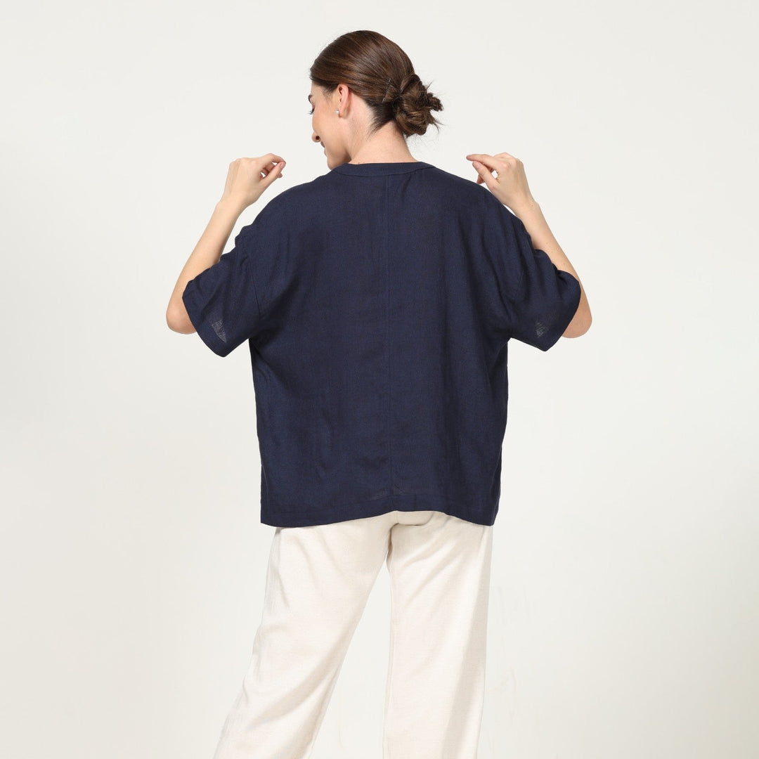 Navy Blue Mandarin Collar Shirt With Ecru Pant | Eco-Friendly | Sustainable