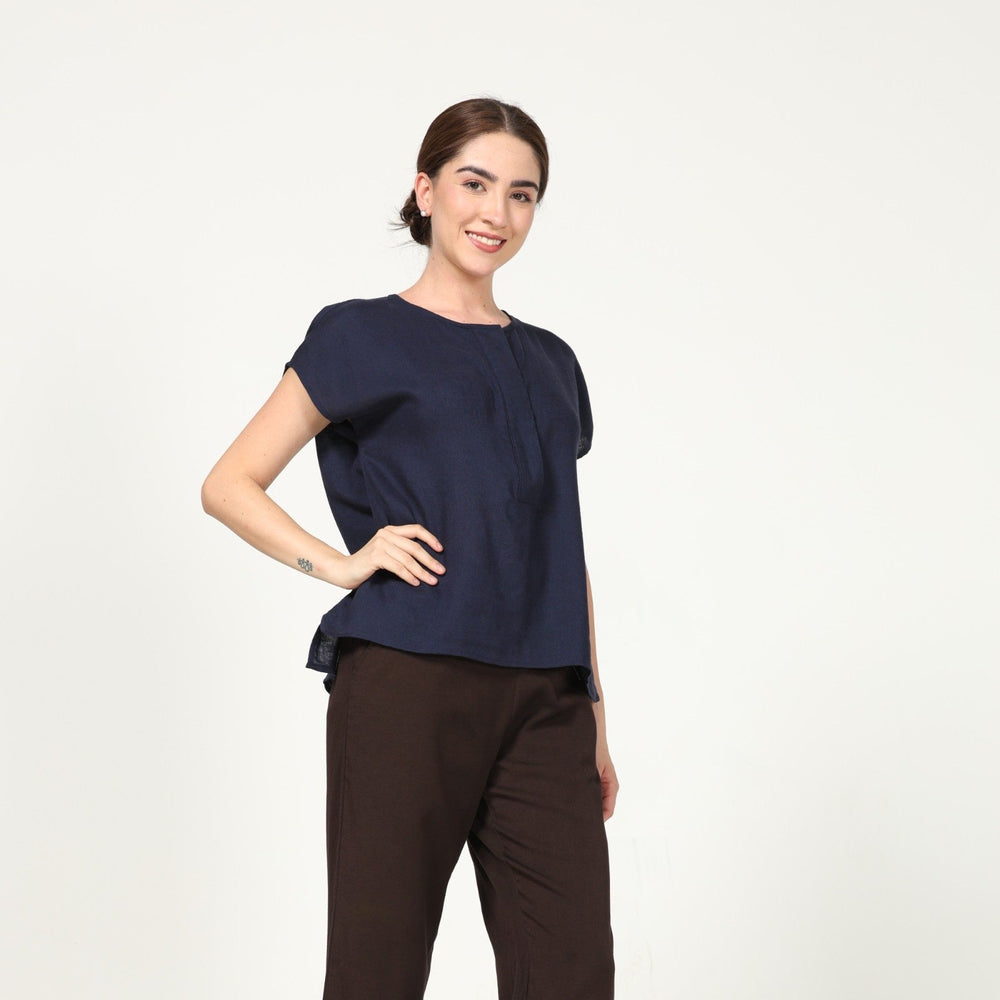 Navy Blue Women's Half Placket Top | Linen Modal | Chic Casual