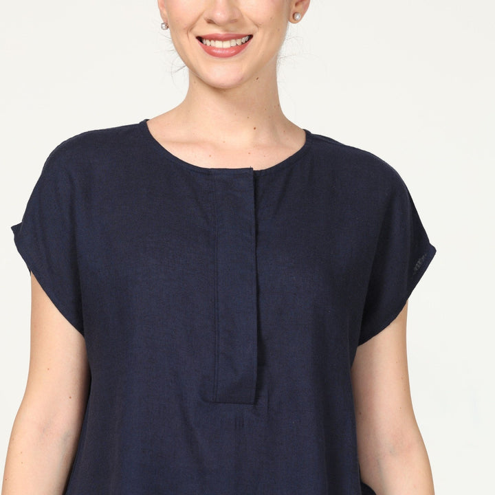 Navy Blue Women's Half Placket Top | Linen Modal | Chic Casual