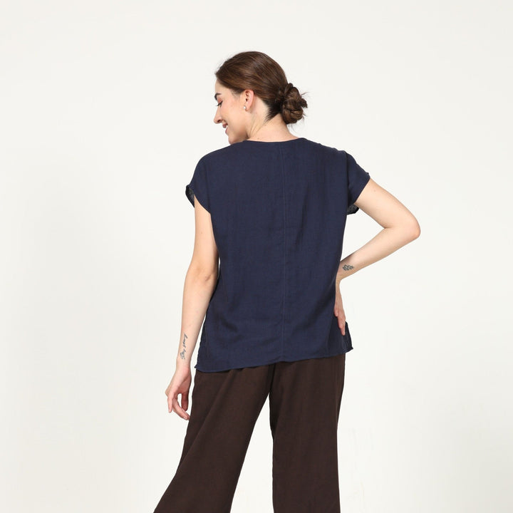 Navy Blue Women's Half Placket Top | Linen Modal | Chic Casual