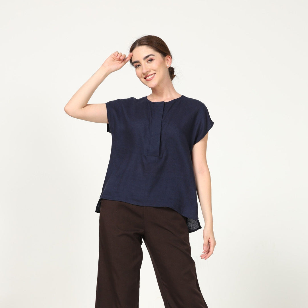 Navy Blue Women's Half Placket Top | Linen Modal | Chic Casual