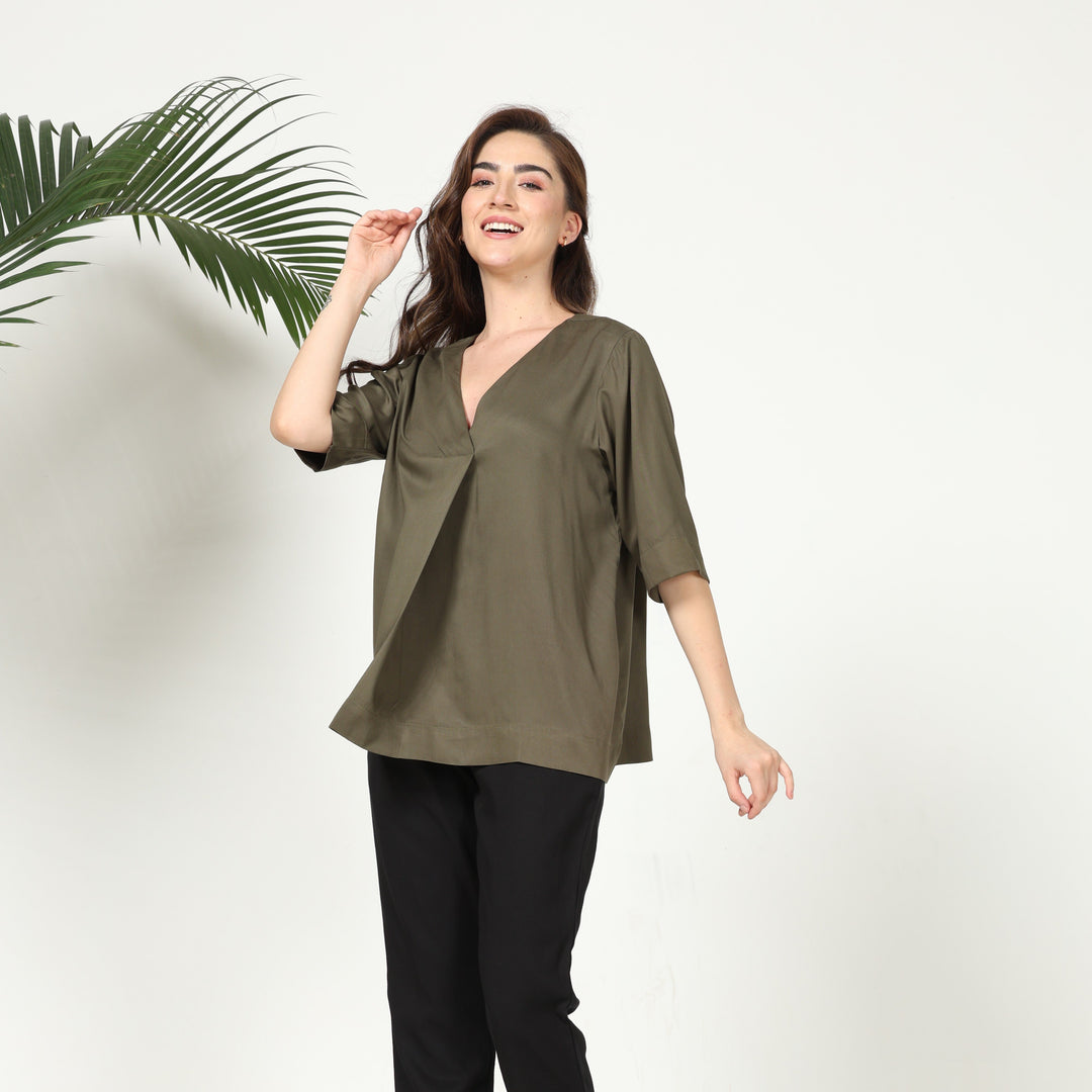 Olive Green Solid Top With Front Pleat | Linen Modal | Smart & Chic