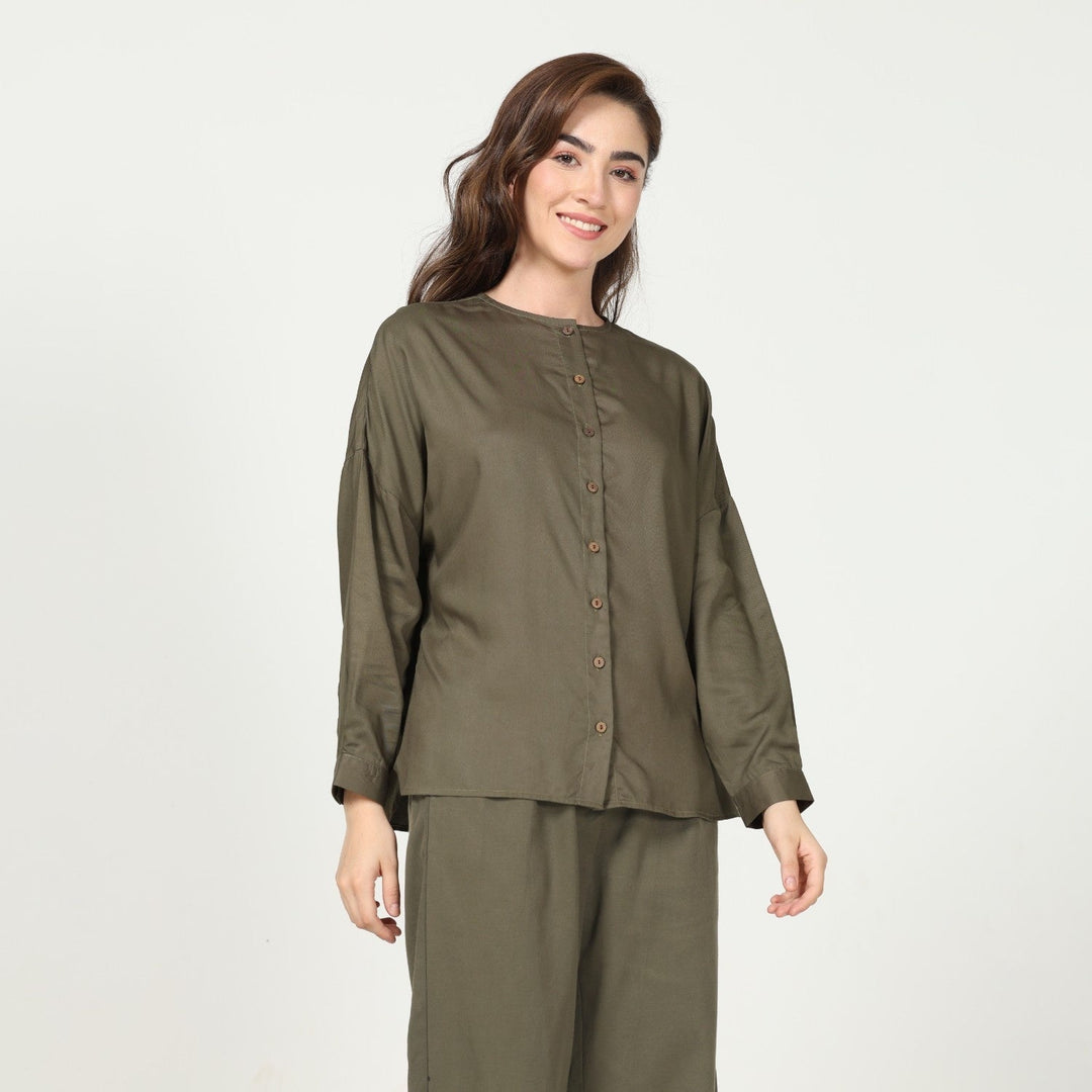 Olive Green Uncollared Women's Shirt In Modal | Effortless Elegance