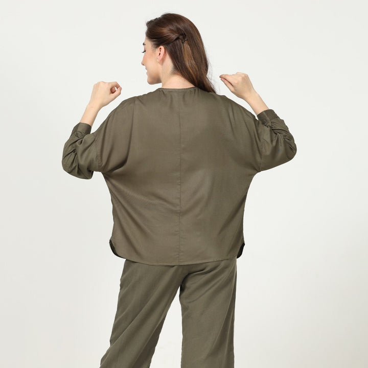 Olive Green Uncollared Women's Shirt In Modal | Effortless Elegance