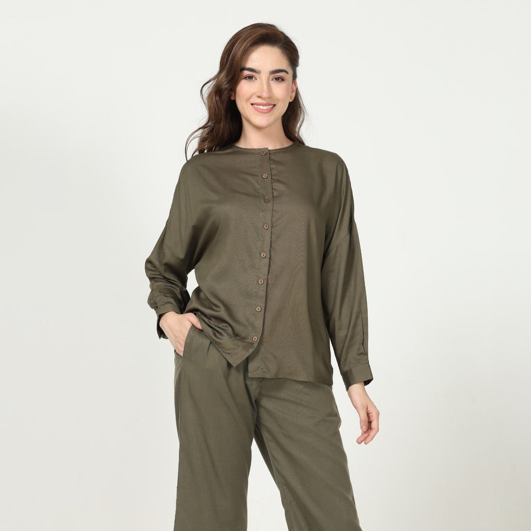 Olive Green Uncollared Women's Shirt In Modal | Effortless Elegance