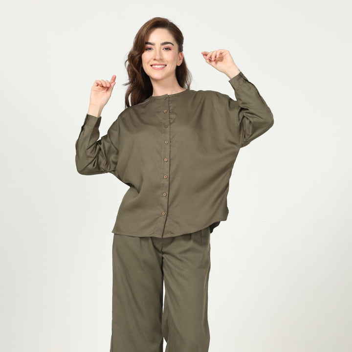 Olive Green Uncollared Women's Shirt In Modal | Effortless Elegance