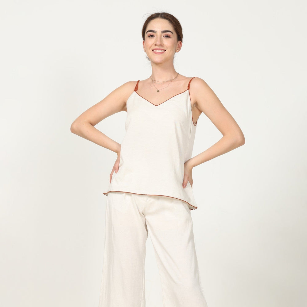 Off-White Wide Leg Pants And Slinky Slip Top With Piping | Eco-Friendly | Sustainable