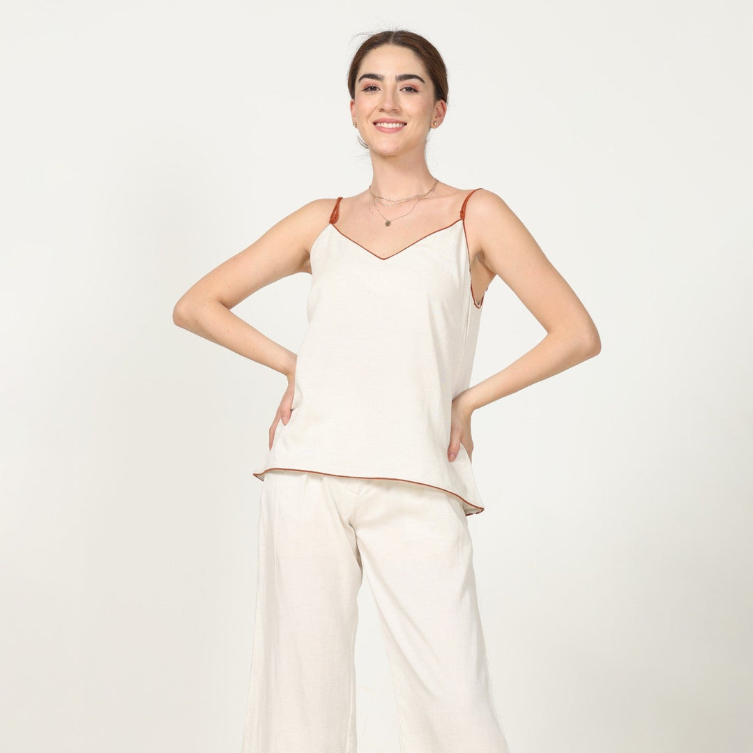 Off-White Wide Leg Pants And Slinky Slip Top With Piping | Eco-Friendly | Sustainable