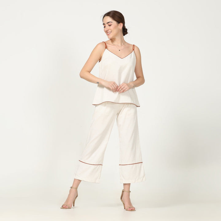 Off-White Wide Leg Pants And Slinky Slip Top With Piping | Eco-Friendly | Sustainable