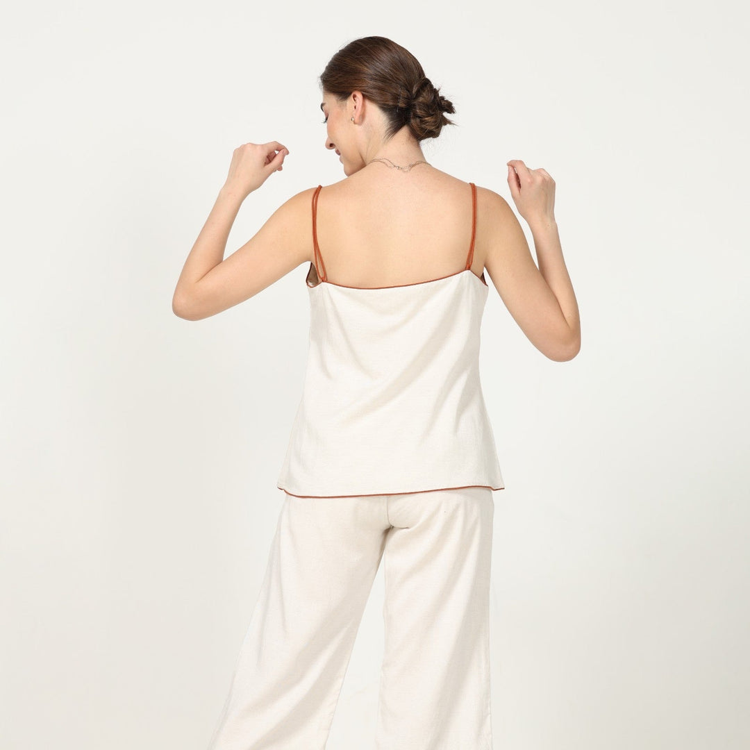 Off-White Wide Leg Pants And Slinky Slip Top With Piping | Eco-Friendly | Sustainable