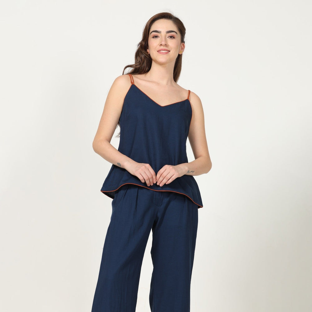 Navy Blue Wide Leg Pants And Slinky Slip Top With Piping | Eco-Friendly | Set Of 2