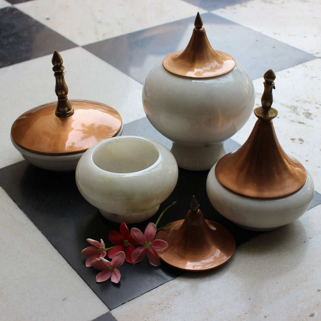 Decorative Glass Jars In White | Marble, Cast Brass & Copper | Hand-Crafted